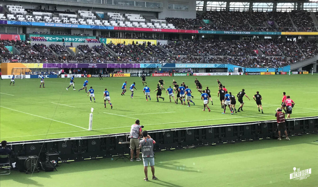 Spielszene aus der Partie Neuseeland gegen Namibia beim Rugby World Cup 2019