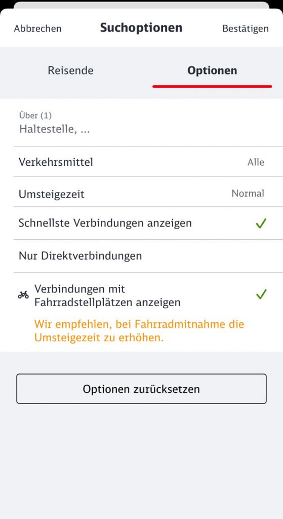 Screenshot der Optionen in der Bahn-App