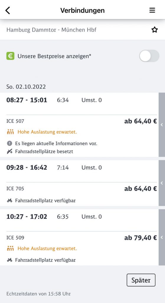 Screenshot der Übersicht der Verbindungen in der Bahn-App