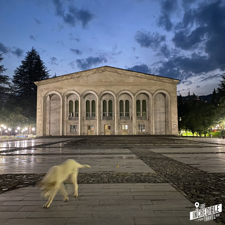 Hund vor dem Kulturzentrum von Chiatura am Abend
