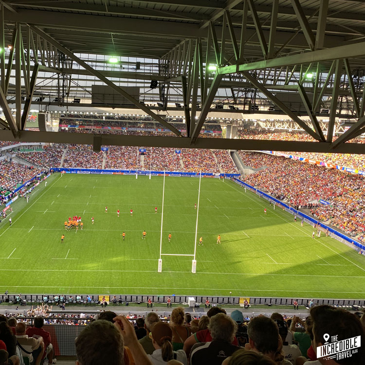 Blick von der oberen Tribüne ins Rugby-.Stadion in Saint-Etienne