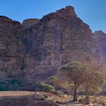 Lohnt sich der Ausflug nach Dadan & Jabal Ikmah? Blick auf eine riesige Felswand mit Felsengräbern