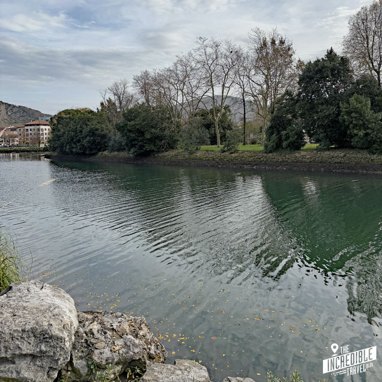 A serene river with rippling water reflects the overcast sky. Leafless trees and evergreen bushes line the riverbank, with buildings visible in the background. A rocky edge frames the foreground. A small logo reads The Incredible Traveler.