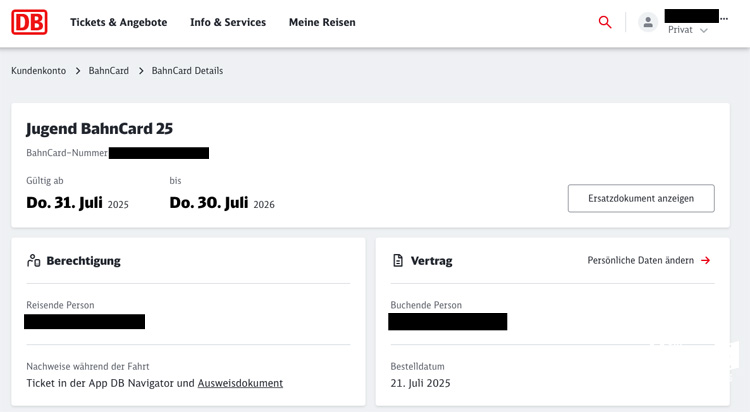 Screenshot von der Bahn-Website mit Anzeige von Daten aus dem Kundenkonto