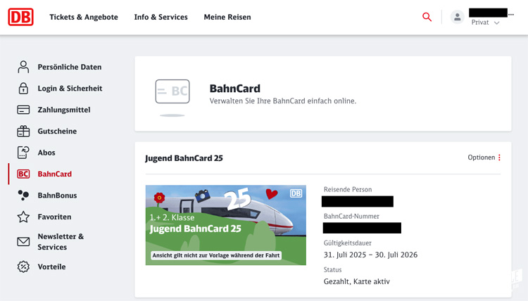 Screenshot von der Bahn-Website mit Anzeige einer Jugend BahnCard