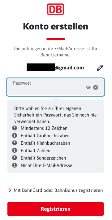 Screenshot der Eingabemaske für die Registrierung eines Kundenkontos bei der Deutschen Bahn