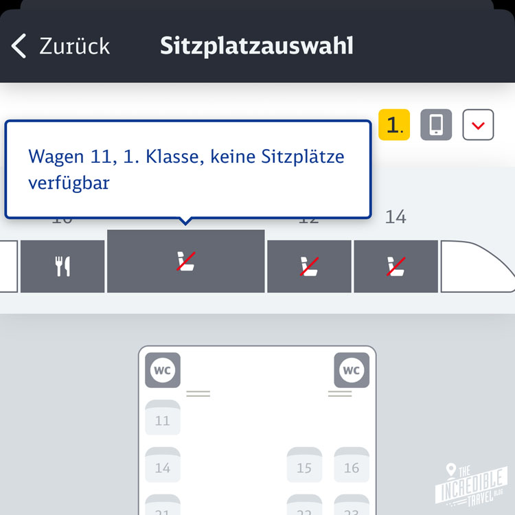 Screenshot aus der DB App: Sitzplatzbuchung nicht mehr möglich