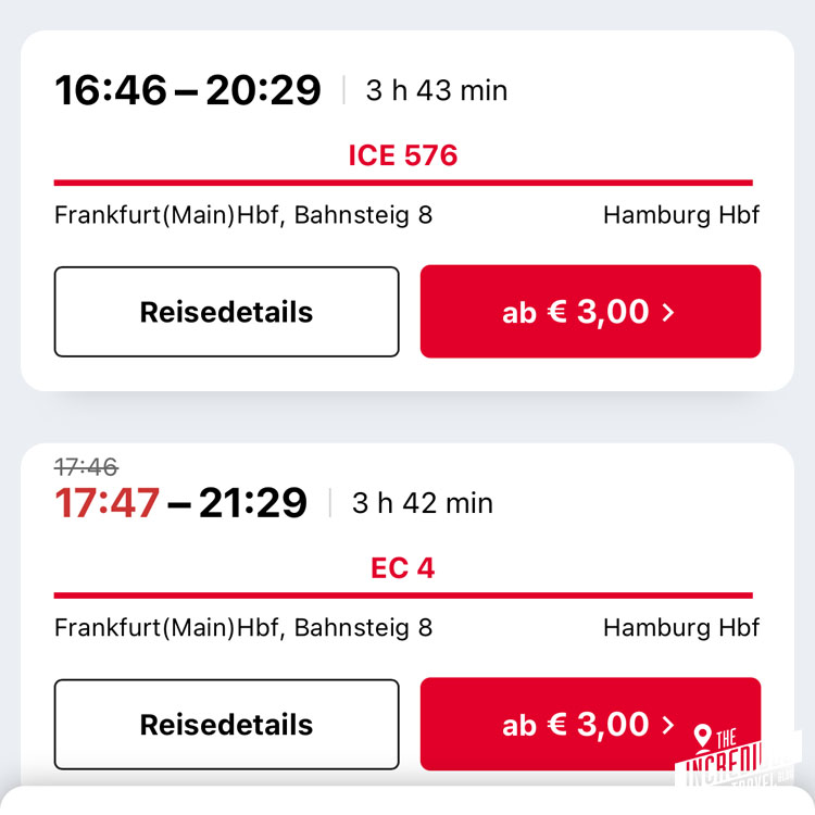 Screenshot aus der ÖBB-App: Auswahl eines ICE