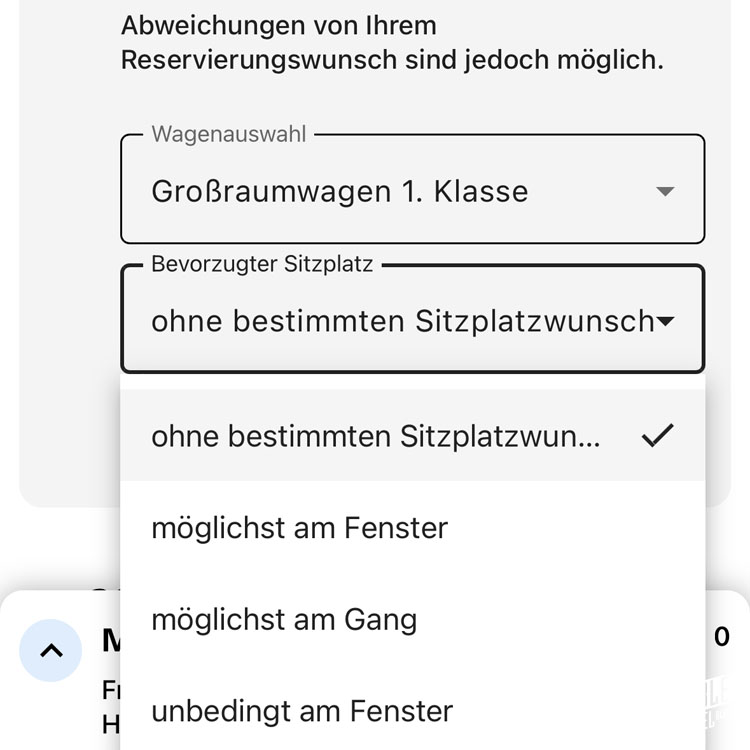 Reservierung ICE über ÖBB-App: Sitzplatzwunsch