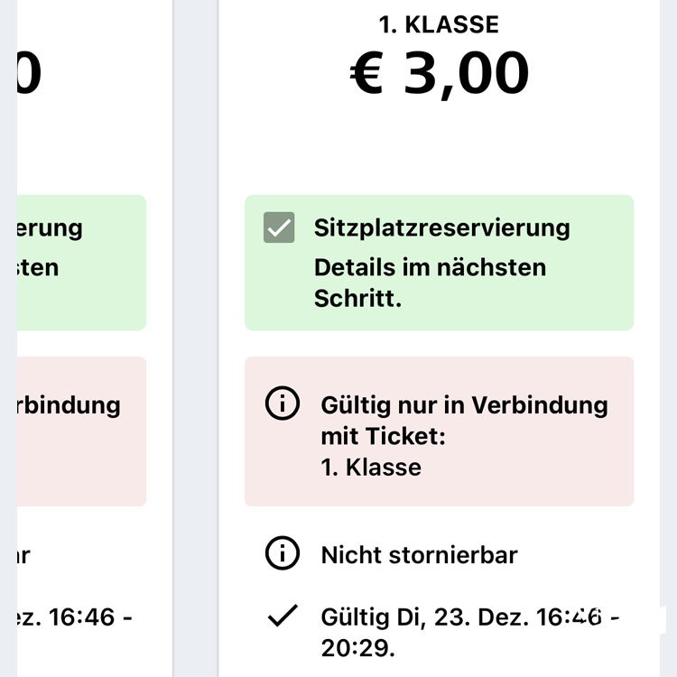 Screenshot aus der ÖBB App Auswahl der Wagenklasse