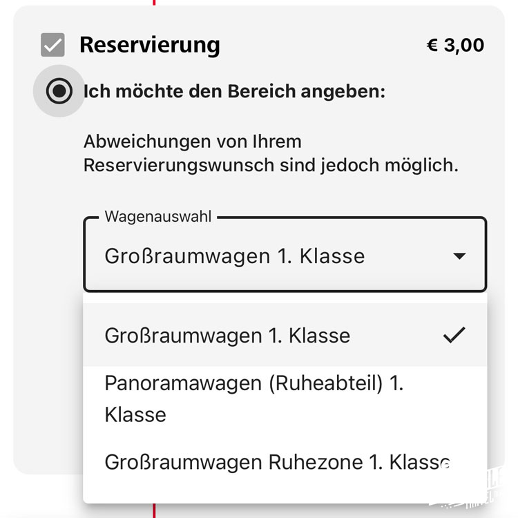 Auswahl des Wagentyps in der ÖBB-App