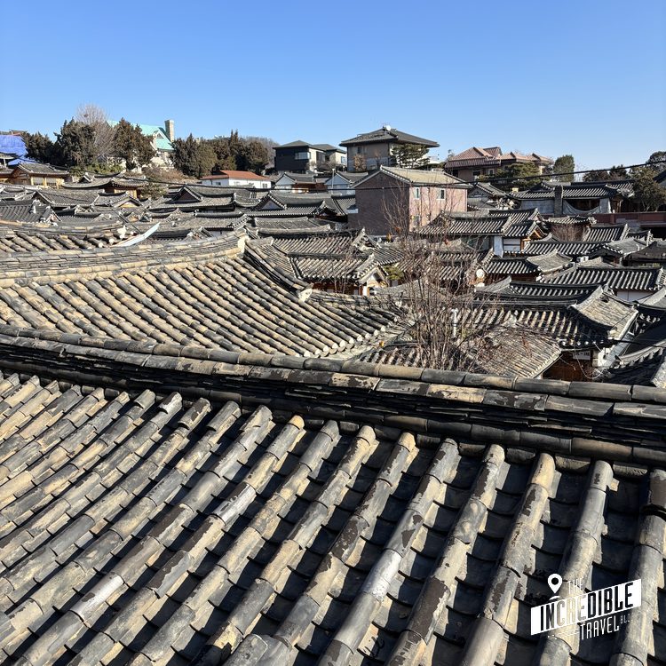 Blick über traditionelle Dächer mit geschwungenen Ziegeln einer ostasiatischen Altstadt bei klarem Himmel