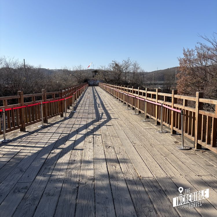 Holzsteg mit Holzgeländern führt über hügelige Landschaft mit kahlen Bäumen unter blauem Himmel